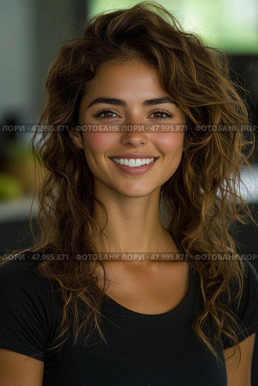 Young woman with curly hair and a warm smile poses in a well-lit indoor space, exuding confidence and approachability during midday. Стоковое AI-изображение, AI-художник Данила Большаков / Фотобанк Лори