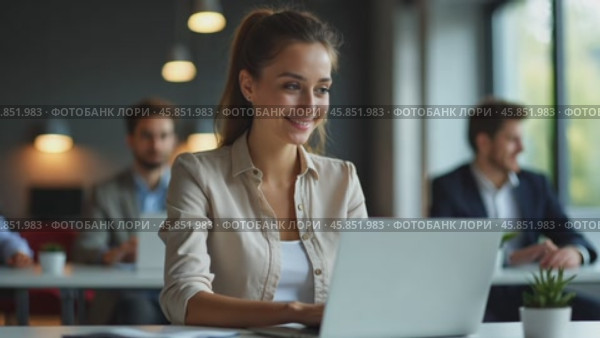 Young Woman Working on Laptop in Modern Office With Colleagues Engaged in Conversation and Teamwork. Стоковое AI-видео, аниматор Sergey Grishin / Фотобанк Лори