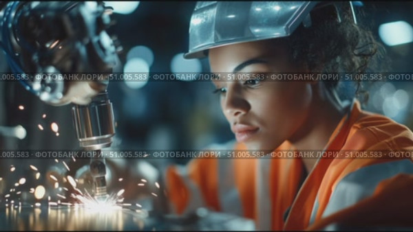 Young woman working with welding equipment in industrial setting at night. Стоковое AI-видео, аниматор Сергей Толмачёв / Фотобанк Лори