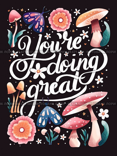 You’re doing great hand lettering card with flowers. Typography and floral decoration with mushrooms and moths on dark background. Colorful festive illustration. Стоковое фото, агентство Ingram Publishing / Фотобанк Лори