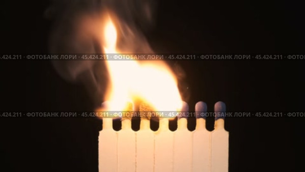 Замедленная съемка. Зажигаю и поджигаю ряд спичек. Спички загораются друг от друга. Крупный план. Стоковое видео, видеограф Александр Собко / Фотобанк Лори