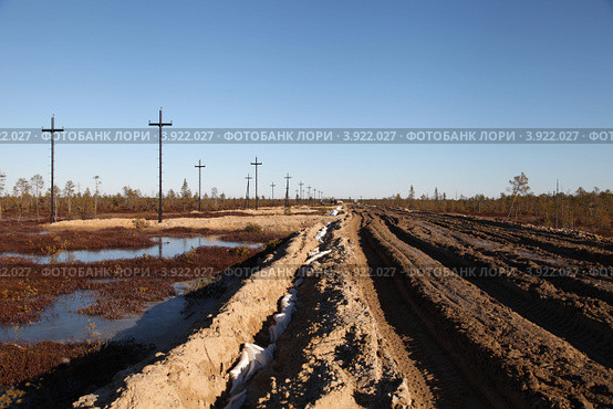 Западная Сибирь. Строительство автомобильной дороги на месторождение нефти (2012 год). Редакционное фото, фотограф Валерий Акулич / Фотобанк Лори