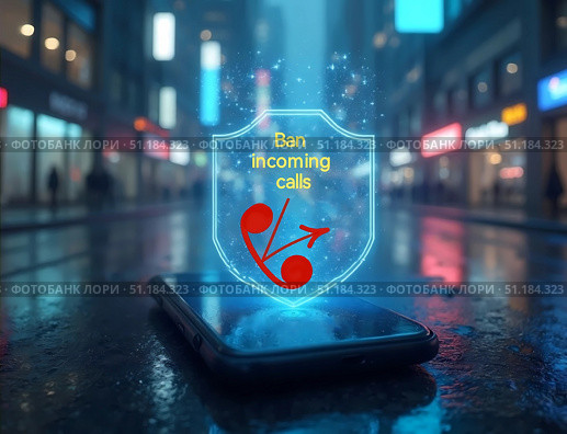 Защитный экран перед смартфоном, с надписью  Ban incoming calls. Стоковое AI-изображение, AI-художник Инна Пецко / Фотобанк Лори