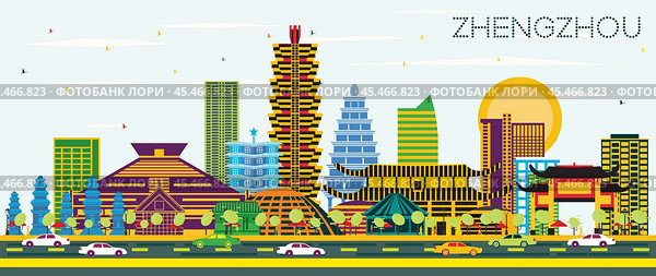 Zhengzhou China City Skyline with Color Buildings and Blue Sky. Стоковая иллюстрация, иллюстратор Игорь Сорокин / Фотобанк Лори