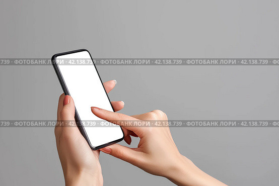 Женщина держит смартфон, крупным планом руки. Смартфон с белым пустым экраном. Generative AI. Стоковое AI-изображение, AI-художник Щеголева Ольга / Фотобанк Лори