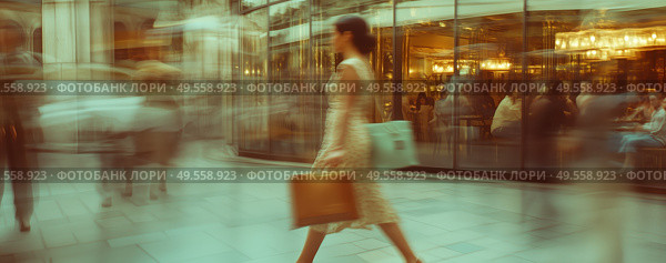 Женщина с покупками проходит мимо кафе. Стоковое AI-изображение, AI-художник Александр Жуков / Фотобанк Лори