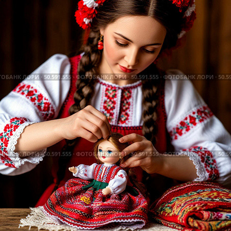 Женщина в украинском национальном костюме шьёт платье для  куклы. Стоковое AI-изображение, AI-художник Юлия Усач / Фотобанк Лори
