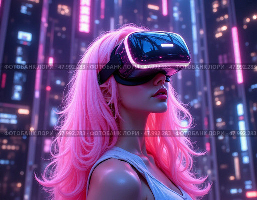Женщина в VR-гарнитуре, в цифровом пространстве, потоки данных, светящийся фон. Стоковое AI-изображение, AI-художник Ольга Денис / Фотобанк Лори