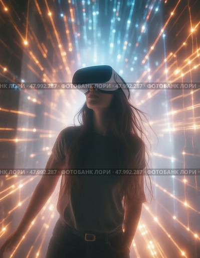 Женщина в VR-гарнитуре, в цифровом пространстве, потоки данных, светящийся фон. Стоковое AI-изображение, AI-художник Ольга Денис / Фотобанк Лори