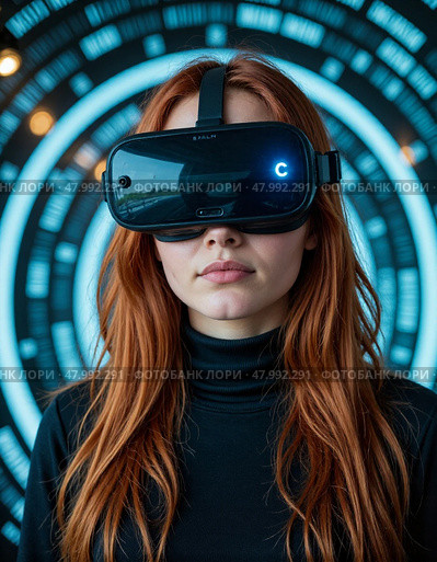 Женщина в VR-гарнитуре, в цифровом пространстве, потоки данных, светящийся фон. Стоковое AI-изображение, AI-художник Ольга Денис / Фотобанк Лори
