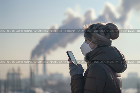 Женщина в защитной маске смотрит в смартфон на фоне дымящих труб промышленного завода. Стоковое AI-изображение, AI-художник Кирилл Сиротюк / Фотобанк Лори
