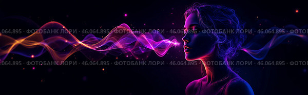 Женский профиль на темном фоне со звуковой волной. Стоковое AI-изображение, AI-художник Валерий Лукин / Фотобанк Лори