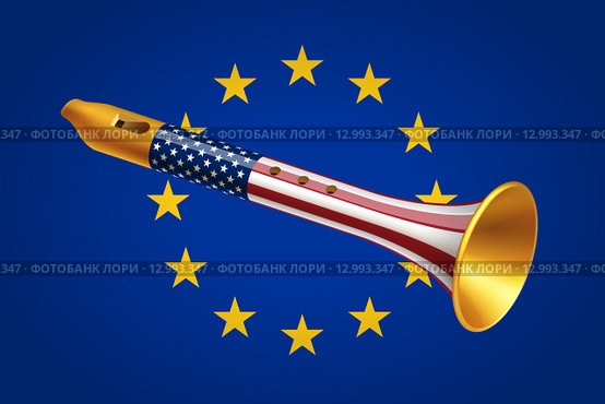Золотая дудка с флагом США на фоне флага Евросоюза. Стоковая иллюстрация, иллюстратор elena_a / Фотобанк Лори