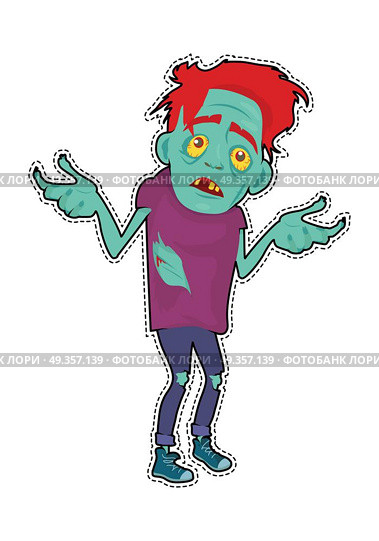 Zombie Character Sticker. Fictional Being. Zombie memphis character isolated on white. Fictional being hesitating. Zombie sticker with patch fashion pins. Horror fantasy concept. Halloween science fiction man in flat style. Vector. Стоковая иллюстрация, агентство Ingram Publishing / Фотобанк Лори