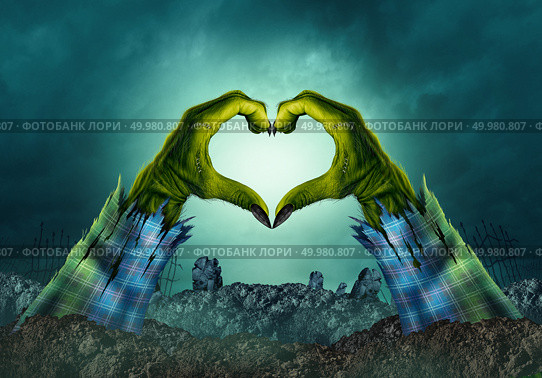 Zombie monster hand heart background in a creepy night graveyard as halloween green arms emerging from a cemetary grave with 3D illustration elements. Стоковое фото, агентство Ingram Publishing / Фотобанк Лори