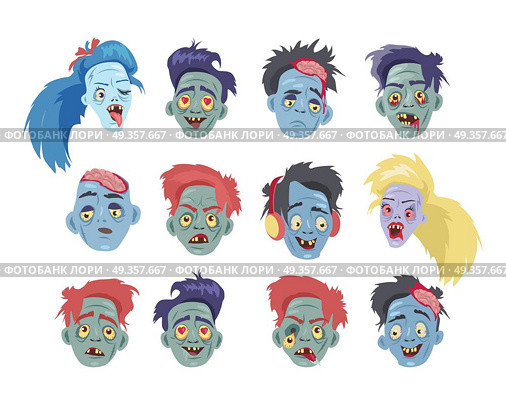 Zombies Heads Flat Vector Illustration Collection. Zombies heads collection. Variety faces of undead monsters with love, sadness, anger, fun, confusion, joy emotions flat vector illustrations set isolated on white background. For halloween concepts. Zombies Heads Flat Vector Illustration Collection. Стоковая иллюстрация, агентство Ingram Publishing / Фотобанк Лори