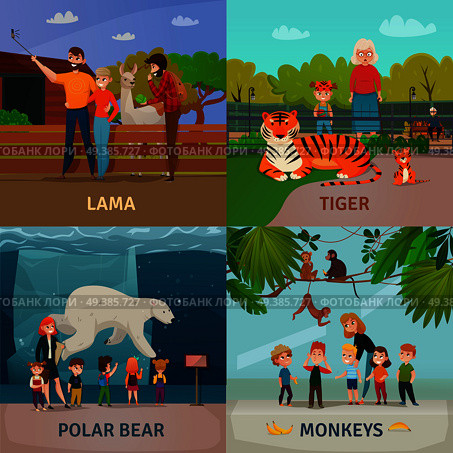 Zoo visitors 4 icons square concept with kids watching polar bear monkeys and tiger isolated vector illustration . Zoo Visitors Concept. Стоковая иллюстрация, агентство Ingram Publishing / Фотобанк Лори